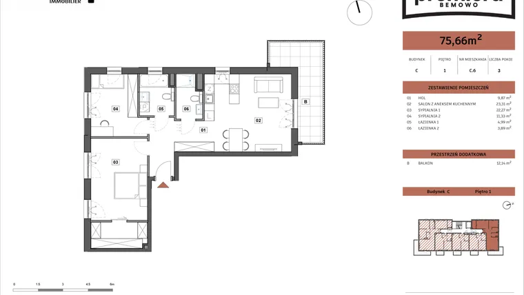 Rzut - Mieszkanie na sprzedaż 3 pokoje o powierzchni 75,66 m² - numer C.06 w Premiera Bemowo