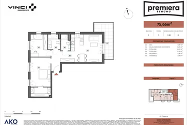 Rzut - Mieszkanie na sprzedaż 3 pokoje o powierzchni 75,66 m² - numer C.16 w Premiera Bemowo