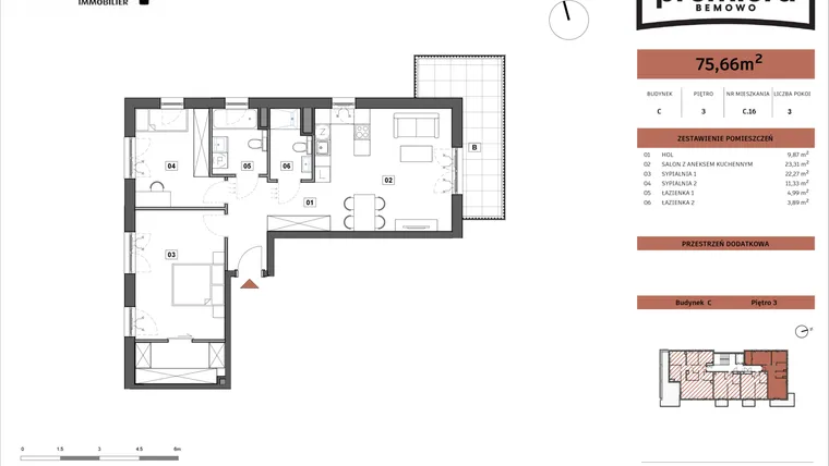 Rzut - Mieszkanie na sprzedaż 3 pokoje o powierzchni 75,66 m² - numer C.16 w Premiera Bemowo