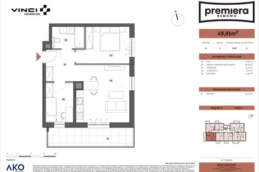 Rzut - Mieszkanie na sprzedaż 3 pokoje o powierzchni 49,91 m² - numer A.10 w Premiera Bemowo