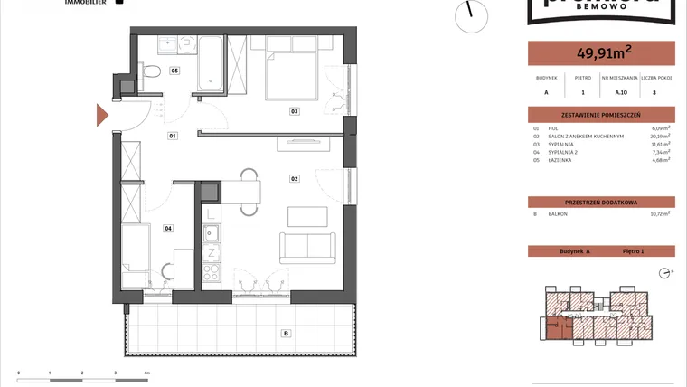 Rzut - Mieszkanie na sprzedaż 3 pokoje o powierzchni 49,91 m² - numer A.10 w Premiera Bemowo