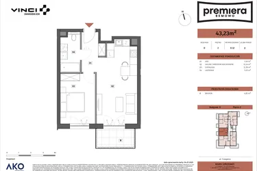 Rzut - Mieszkanie na sprzedaż 2 pokoje o powierzchni 43,23 m² - numer D.12 w Premiera Bemowo