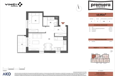 Rzut - Mieszkanie na sprzedaż 2 pokoje o powierzchni 40,95 m² - numer A.11 w Premiera Bemowo