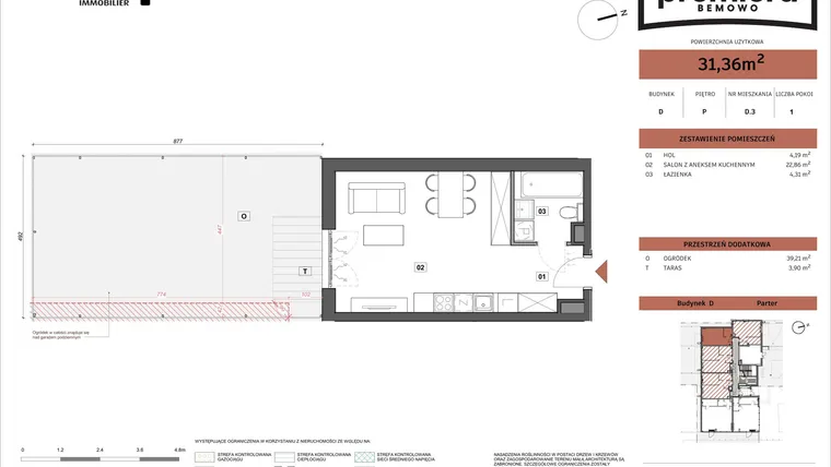 Rzut - Mieszkanie na sprzedaż 1 pokój o powierzchni 31,36 m² - numer D.03 w Premiera Bemowo