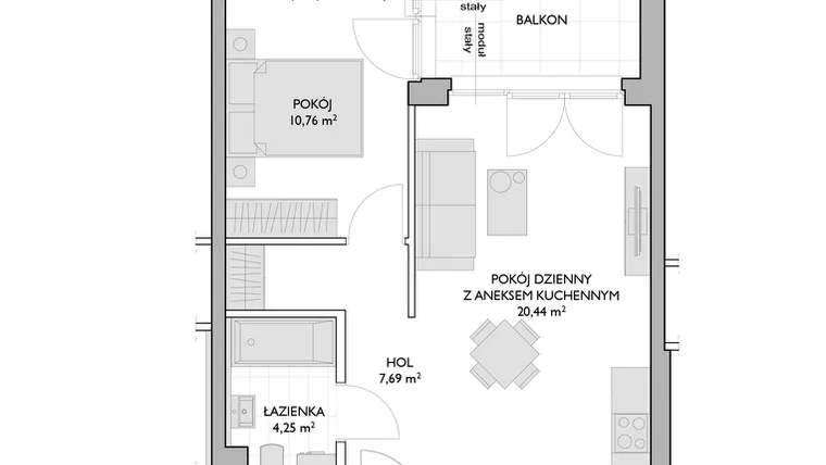 Rzut - Mieszkanie na sprzedaż 2 pokoje o powierzchni 43,14 m² - numer WO/P3/24 w Wiszące Ogrody