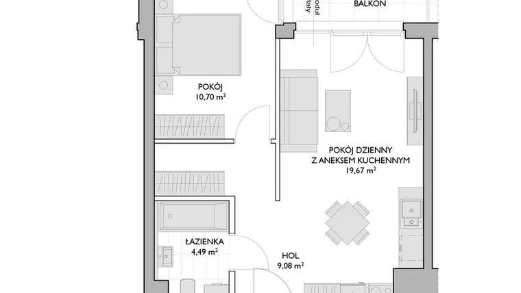Rzut - Mieszkanie na sprzedaż 2 pokoje o powierzchni 43,94 m² - numer WO/P3/14 w Wiszące Ogrody