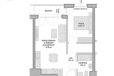 Rzut - Mieszkanie na sprzedaż 2 pokoje o powierzchni 42,4 m² - numer WO/P3/28 w Wiszące Ogrody
