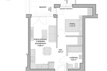 Rzut - Mieszkanie na sprzedaż 2 pokoje o powierzchni 41,55 m² - numer WO/P3/26 w Wiszące Ogrody