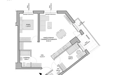 Rzut - Mieszkanie na sprzedaż 3 pokoje o powierzchni 69,3 m² - numer WO/P3/25 w Wiszące Ogrody