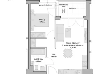 Rzut - Mieszkanie na sprzedaż 2 pokoje o powierzchni 43,14 m² - numer WO/P3/50 w Wiszące Ogrody