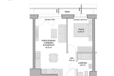 Rzut - Mieszkanie na sprzedaż 2 pokoje o powierzchni 39,23 m² - numer WO/P3/54 w Wiszące Ogrody