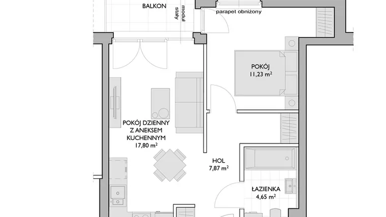 Rzut - Mieszkanie na sprzedaż 2 pokoje o powierzchni 41,55 m² - numer WO/P3/52 w Wiszące Ogrody