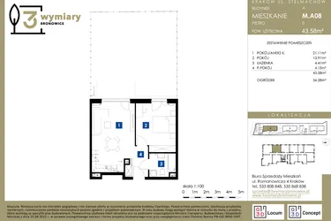 Rzut - Mieszkanie na sprzedaż 2 pokoje o powierzchni 43,58 m² - numer M.A08 w 3 Wymiary Bronowice