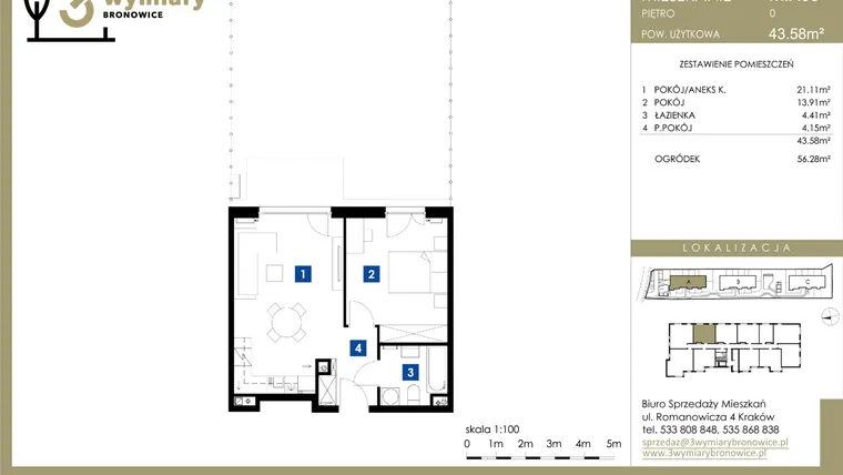 Rzut - Mieszkanie na sprzedaż 2 pokoje o powierzchni 43,58 m² - numer M.A08 w 3 Wymiary Bronowice
