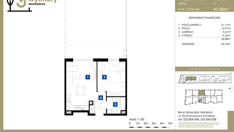 Rzut - Mieszkanie na sprzedaż 2 pokoje o powierzchni 43,58 m² - numer M.A07 w 3 Wymiary Bronowice