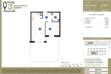 Rzut - Mieszkanie na sprzedaż 2 pokoje o powierzchni 46,27 m² - numer M.A11 w 3 Wymiary Bronowice