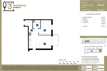 Rzut - Mieszkanie na sprzedaż 2 pokoje o powierzchni 46,43 m² - numer M.A14 w 3 Wymiary Bronowice