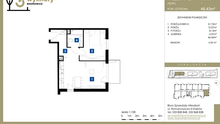 Rzut - Mieszkanie na sprzedaż 2 pokoje o powierzchni 46,43 m² - numer M.A14 w 3 Wymiary Bronowice