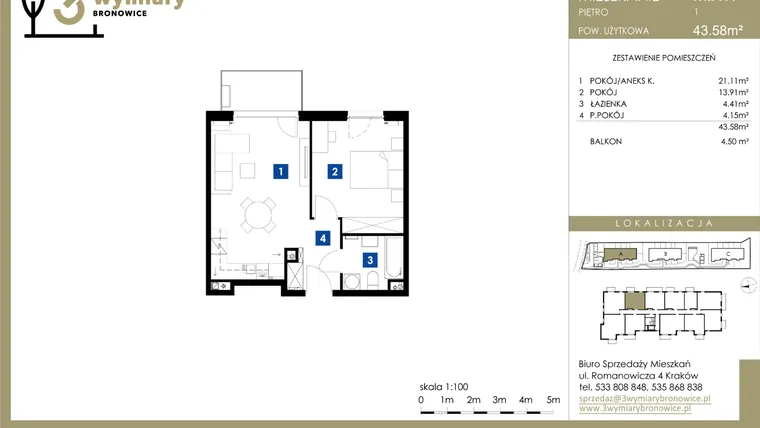 Rzut - Mieszkanie na sprzedaż 2 pokoje o powierzchni 43,58 m² - numer M.A19 w 3 Wymiary Bronowice