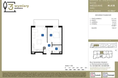 Rzut - Mieszkanie na sprzedaż 2 pokoje o powierzchni 43,58 m² - numer M.A18 w 3 Wymiary Bronowice