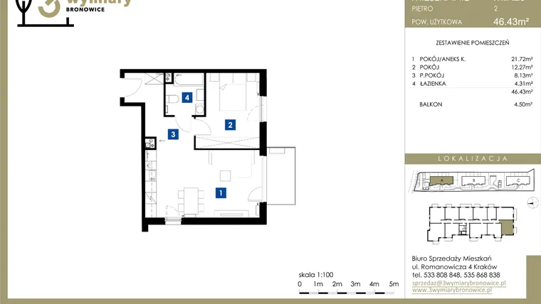 Rzut - Mieszkanie na sprzedaż 2 pokoje o powierzchni 46,43 m² - numer M.A25 w 3 Wymiary Bronowice
