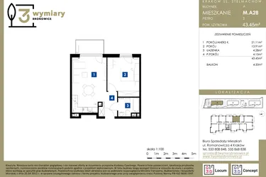 Rzut - Mieszkanie na sprzedaż 2 pokoje o powierzchni 43,45 m² - numer M.A28 w 3 Wymiary Bronowice