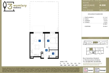 Rzut - Mieszkanie na sprzedaż 2 pokoje o powierzchni 43,58 m² - numer M.B08 w 3 Wymiary Bronowice