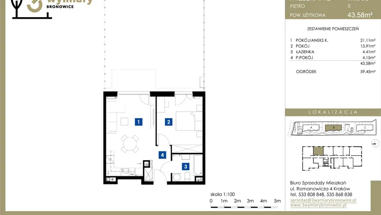 Rzut - Mieszkanie na sprzedaż 2 pokoje o powierzchni 43,58 m² - numer M.B08 w 3 Wymiary Bronowice