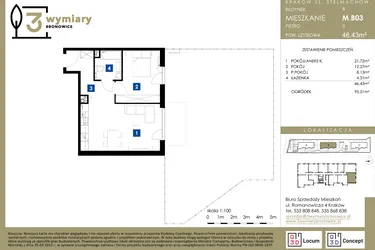 Rzut - Mieszkanie na sprzedaż 2 pokoje o powierzchni 46,43 m² - numer M.B03 w 3 Wymiary Bronowice