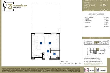 Rzut - Mieszkanie na sprzedaż 2 pokoje o powierzchni 43,45 m² - numer M.B06 w 3 Wymiary Bronowice