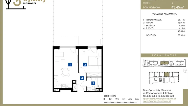 Rzut - Mieszkanie na sprzedaż 2 pokoje o powierzchni 43,45 m² - numer M.B06 w 3 Wymiary Bronowice