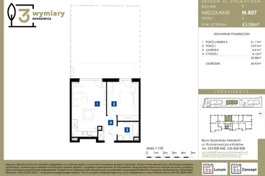Rzut - Mieszkanie na sprzedaż 2 pokoje o powierzchni 43,58 m² - numer M.B07 w 3 Wymiary Bronowice