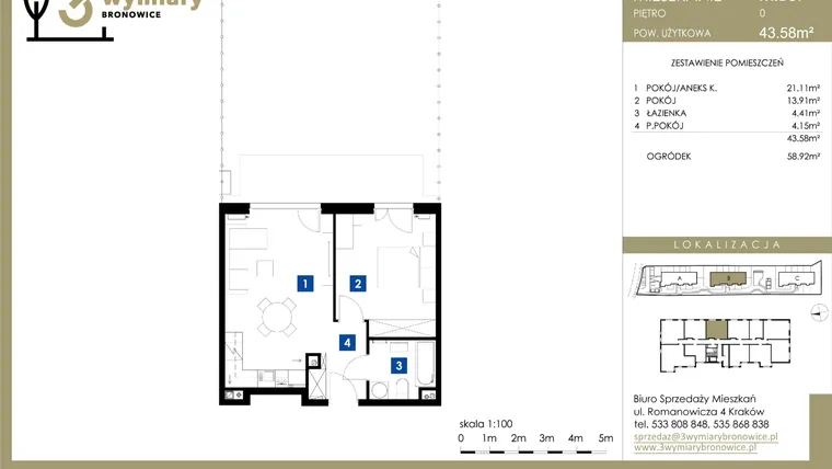 Rzut - Mieszkanie na sprzedaż 2 pokoje o powierzchni 43,58 m² - numer M.B07 w 3 Wymiary Bronowice