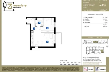 Rzut - Mieszkanie na sprzedaż 2 pokoje o powierzchni 46,43 m² - numer M.B13 w 3 Wymiary Bronowice