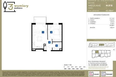 Rzut - Mieszkanie na sprzedaż 2 pokoje o powierzchni 43,58 m² - numer M.B18 w 3 Wymiary Bronowice