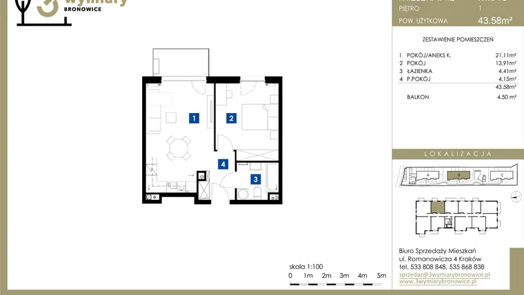 Rzut - Mieszkanie na sprzedaż 2 pokoje o powierzchni 43,58 m² - numer M.B18 w 3 Wymiary Bronowice
