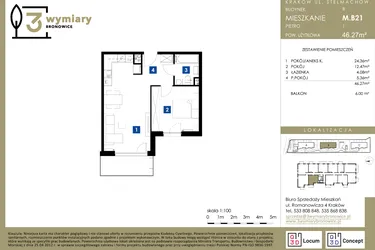 Rzut - Mieszkanie na sprzedaż 2 pokoje o powierzchni 46,27 m² - numer M.B21 w 3 Wymiary Bronowice