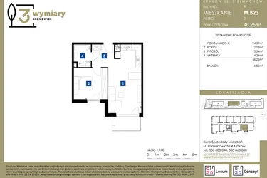Rzut - Mieszkanie na sprzedaż 2 pokoje o powierzchni 46,25 m² - numer M.B23 w 3 Wymiary Bronowice
