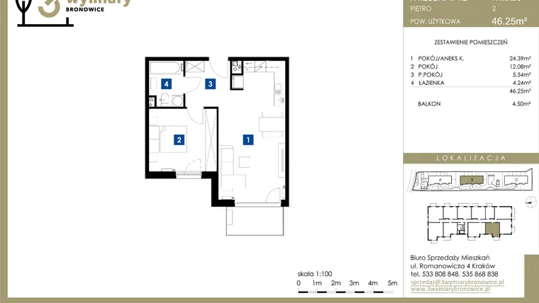 Rzut - Mieszkanie na sprzedaż 2 pokoje o powierzchni 46,25 m² - numer M.B23 w 3 Wymiary Bronowice