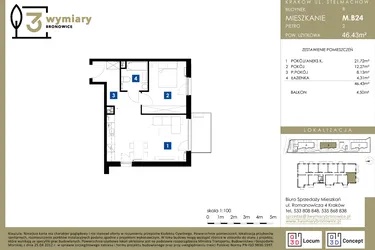 Rzut - Mieszkanie na sprzedaż 2 pokoje o powierzchni 46,43 m² - numer M.B24 w 3 Wymiary Bronowice