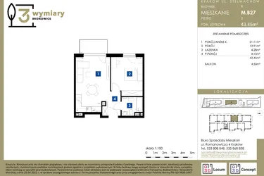 Rzut - Mieszkanie na sprzedaż 2 pokoje o powierzchni 43,45 m² - numer M.B27 w 3 Wymiary Bronowice