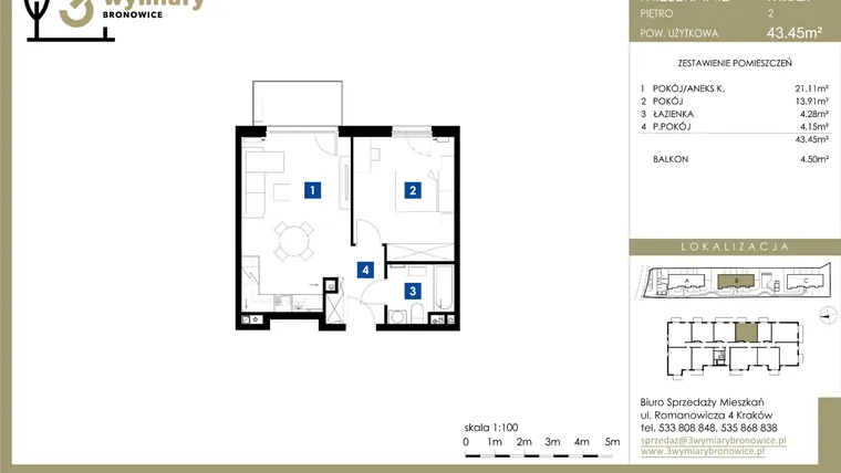 Rzut - Mieszkanie na sprzedaż 2 pokoje o powierzchni 43,45 m² - numer M.B27 w 3 Wymiary Bronowice