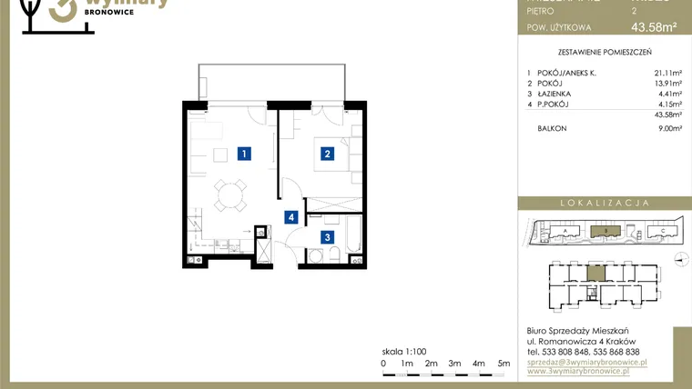 Rzut - Mieszkanie na sprzedaż 2 pokoje o powierzchni 43,58 m² - numer M.B28 w 3 Wymiary Bronowice