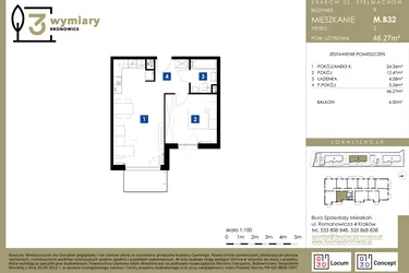 Rzut - Mieszkanie na sprzedaż 2 pokoje o powierzchni 46,27 m² - numer M.B32 w 3 Wymiary Bronowice