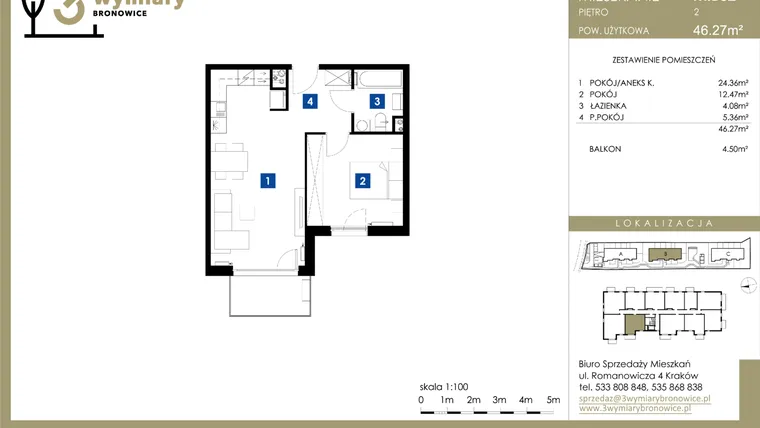 Rzut - Mieszkanie na sprzedaż 2 pokoje o powierzchni 46,27 m² - numer M.B32 w 3 Wymiary Bronowice