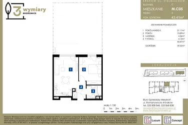 Rzut - Mieszkanie na sprzedaż 2 pokoje o powierzchni 43,41 m² - numer M.C05 w 3 Wymiary Bronowice
