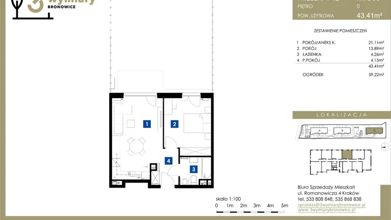 Rzut - Mieszkanie na sprzedaż 2 pokoje o powierzchni 43,41 m² - numer M.C05 w 3 Wymiary Bronowice