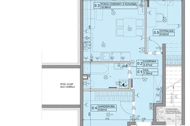 Rzut - Mieszkanie na sprzedaż 3 pokoje o powierzchni 46,34 m² - numer 97 w Manufaktura Marki 2 etap IV