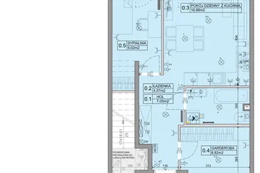 Rzut - Mieszkanie na sprzedaż 3 pokoje o powierzchni 46,34 m² - numer 99 w Manufaktura Marki 2 etap IV