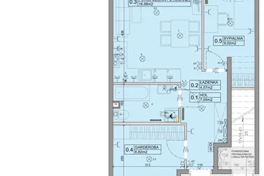 Rzut - Mieszkanie na sprzedaż 3 pokoje o powierzchni 46,34 m² - numer 105 w Manufaktura Marki 2 etap IV